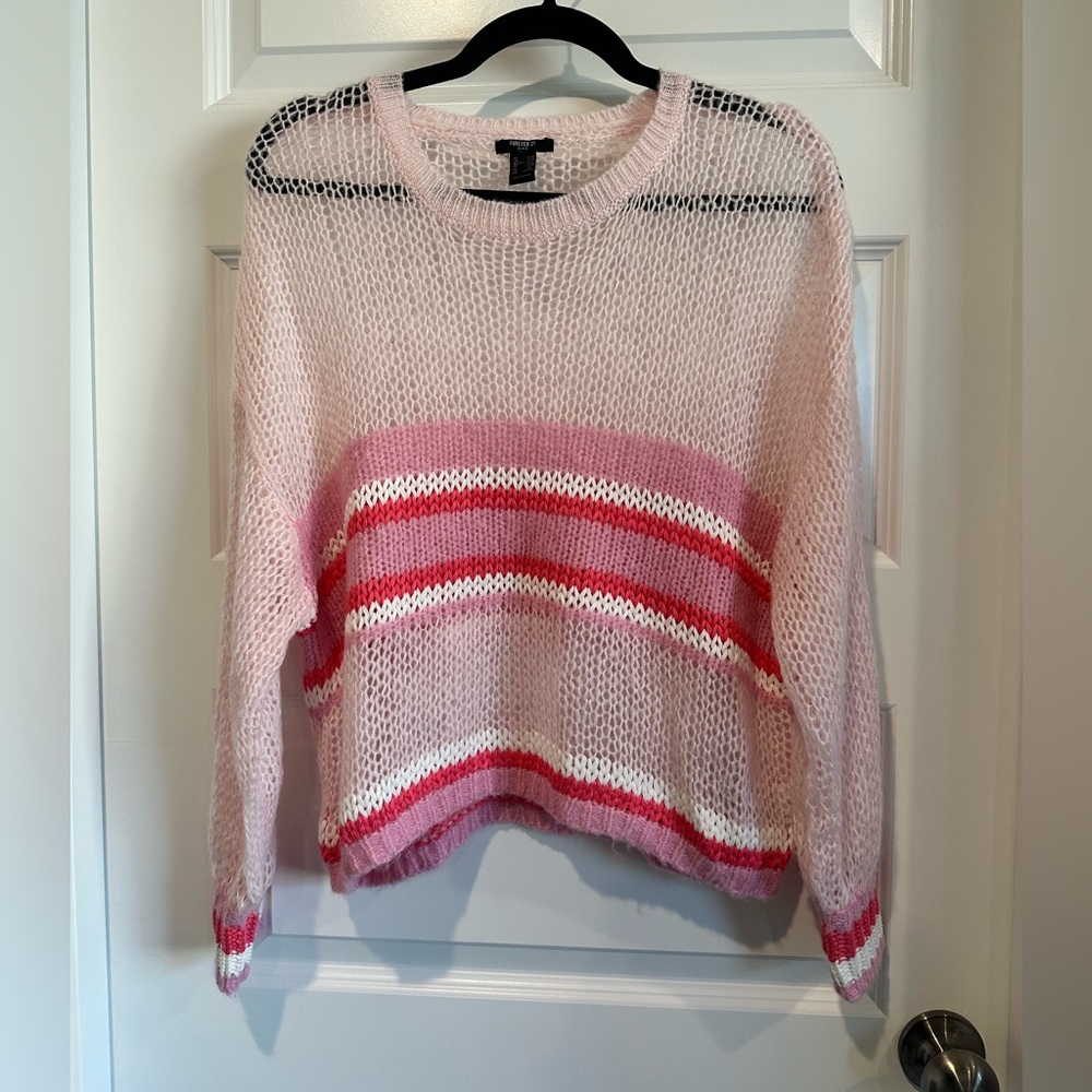 Forever 21 Pink Striped Cropped Open-Knit Sweater - EUC